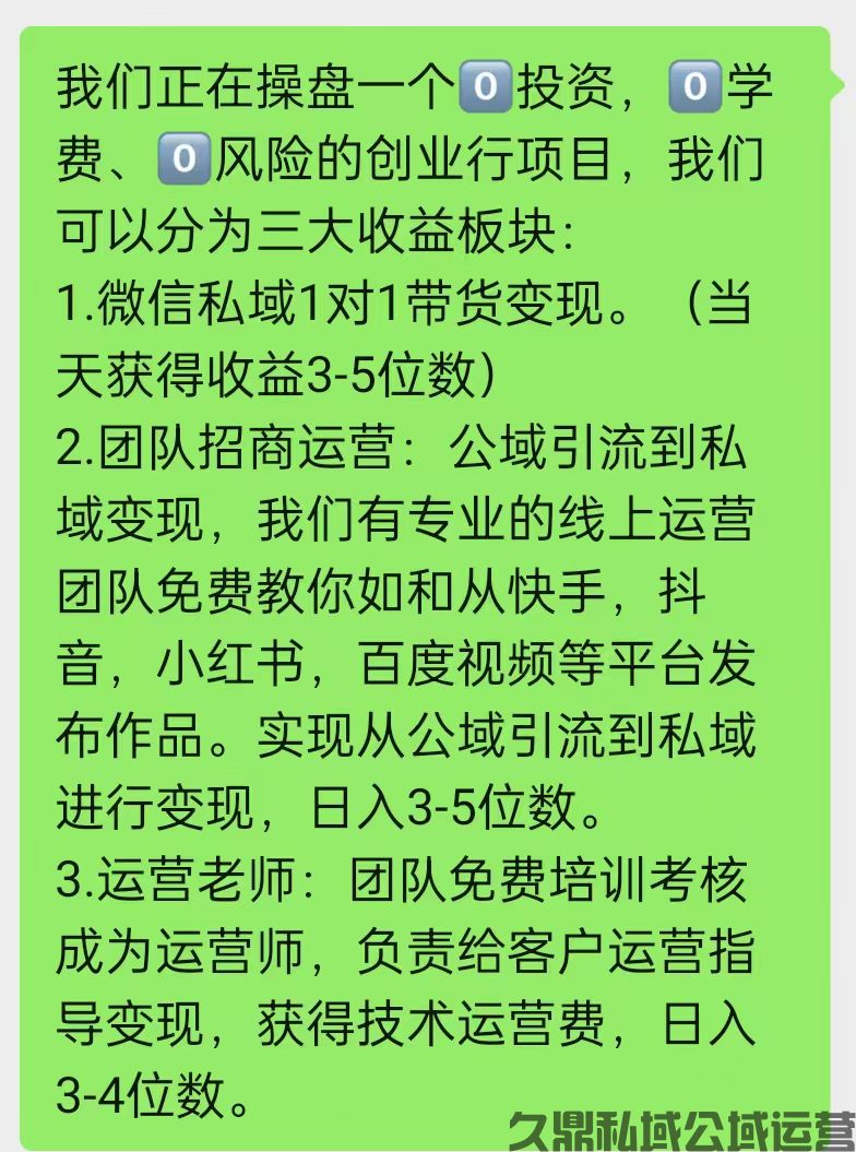 久鼎私域平台正在操盘一个投资，学费、风险的创业行项目